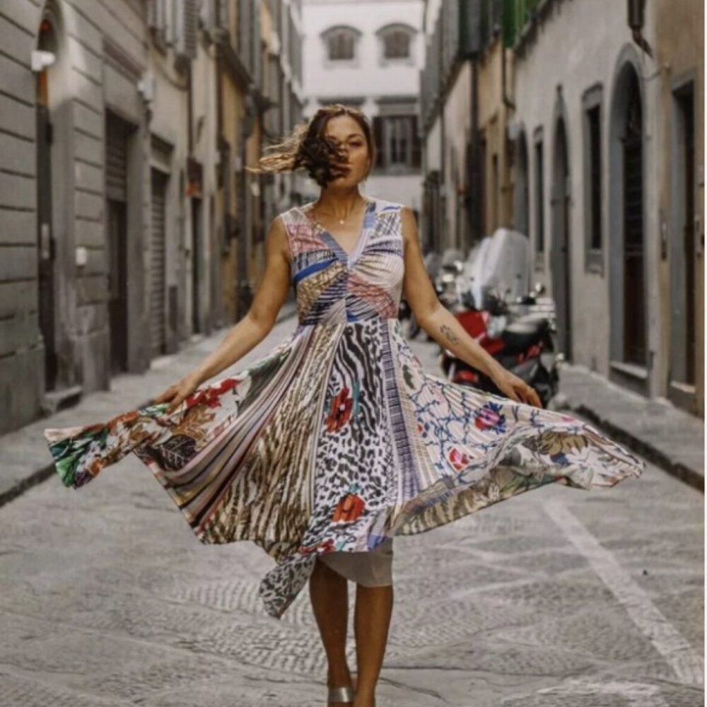 Anthropologie Multicolor Patchwork V-Neck Midi Dress. Geisha Design. NWT